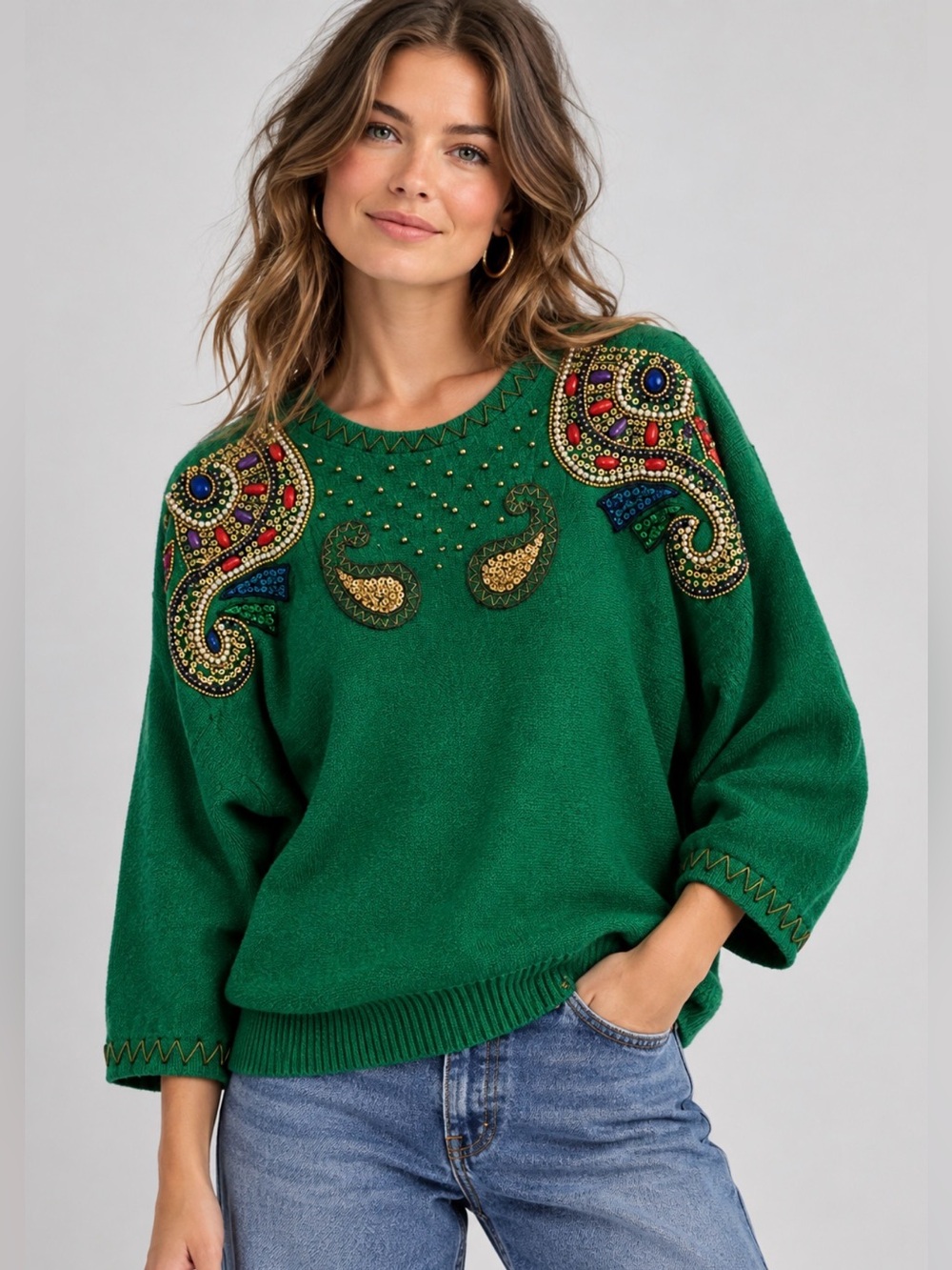 Vintage 1980’s Diana Marco Green Beaded Paisley Bat Wing Sequins Sweater Size 2X